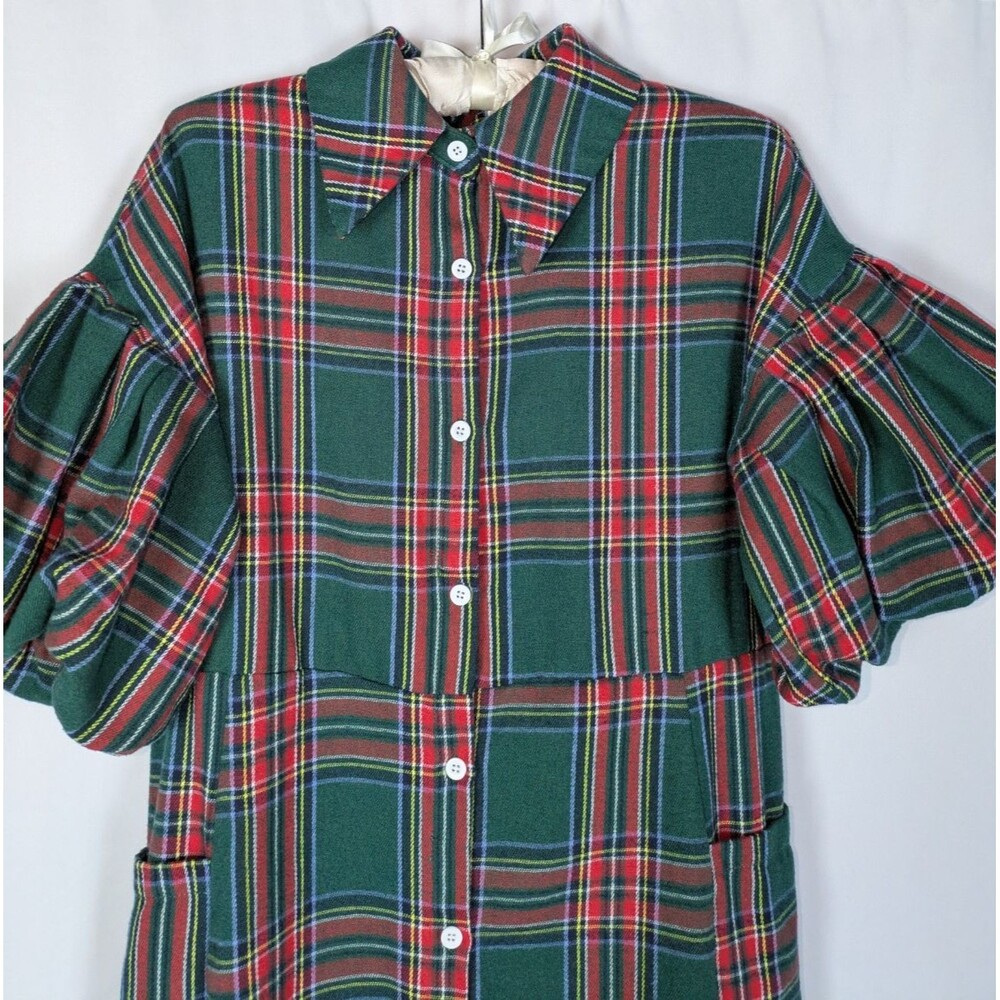 Women's Dress S Green Tartan Check Short Balloon Sleeve Button Down Shirt Dress - Picture 4 of 8